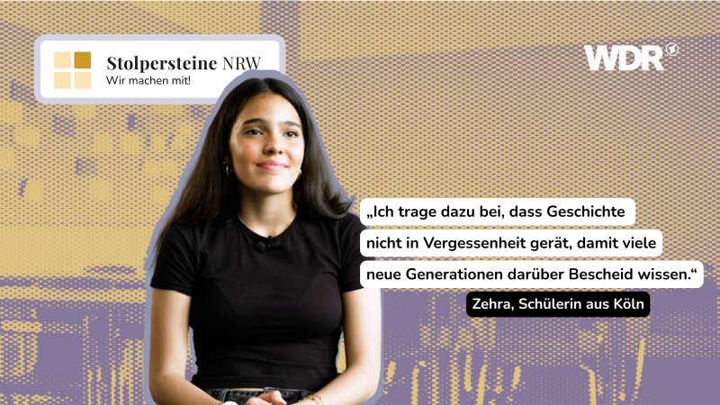 Das Bild ist eine grafische Darstellung, die eine Schwarz-Weiß-Aufnahme eines jungen Mädchens vor dem Hintergrund von zerstörten Gebäuden aus der Nachkriegszeit zeigt. Große, weiße Zahlen 1945 und ein grüner Balken mit dem Text WDR AR sind über das Bild gelegt.