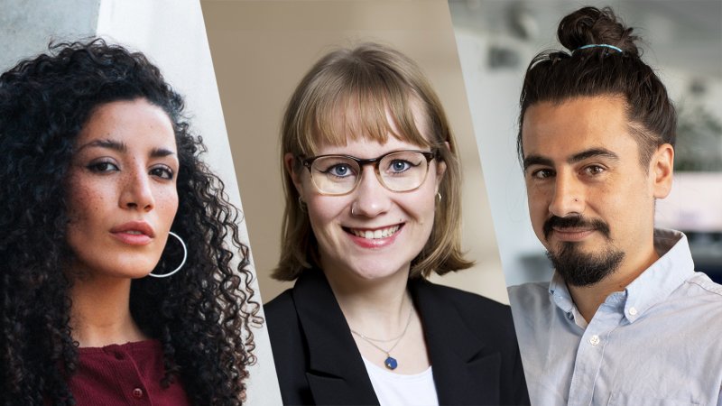Auf dem Bild sind drei Personen zu sehen – eine Frau mit dunklen, lockigen Haaren links, eine Frau mit blonden Haaren und Brille in der Mitte sowie ein Mann mit dunklen Haaren und Bart rechts –, die nebeneinander in einer Collage-ähnlichen Anordnung dargestellt sind.