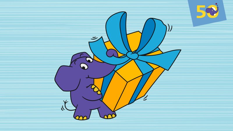 Auf dem Bild ist eine violette, animierte Elefantenfigur zu sehen, die ein großes, gelb-orangefarbenes Geschenkpaket mit einer blauen Schleife auf einem hellblauen Hintergrund mit horizontalen Streifen trägt, und oben rechts ist das Logo "50" mit einem kleinen Elefanten eingebettet.
