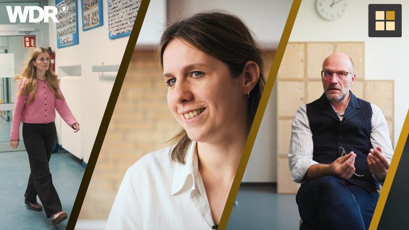Aufnahmen von drei Lehrkräften sind schräg angeordnet und zeigen Einblicke in Interviews.